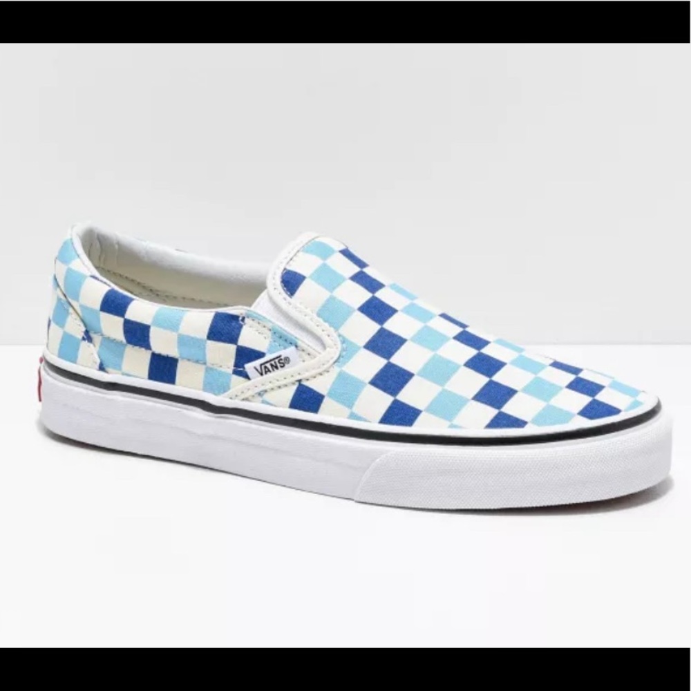 Blue two toned checkered vans slip ons